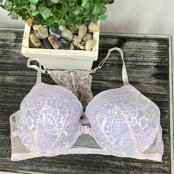 Victoria’s Secret Pink & Gray Lace Lined Underwire Front Close Demi Bra 38D - Picture 1 of 4